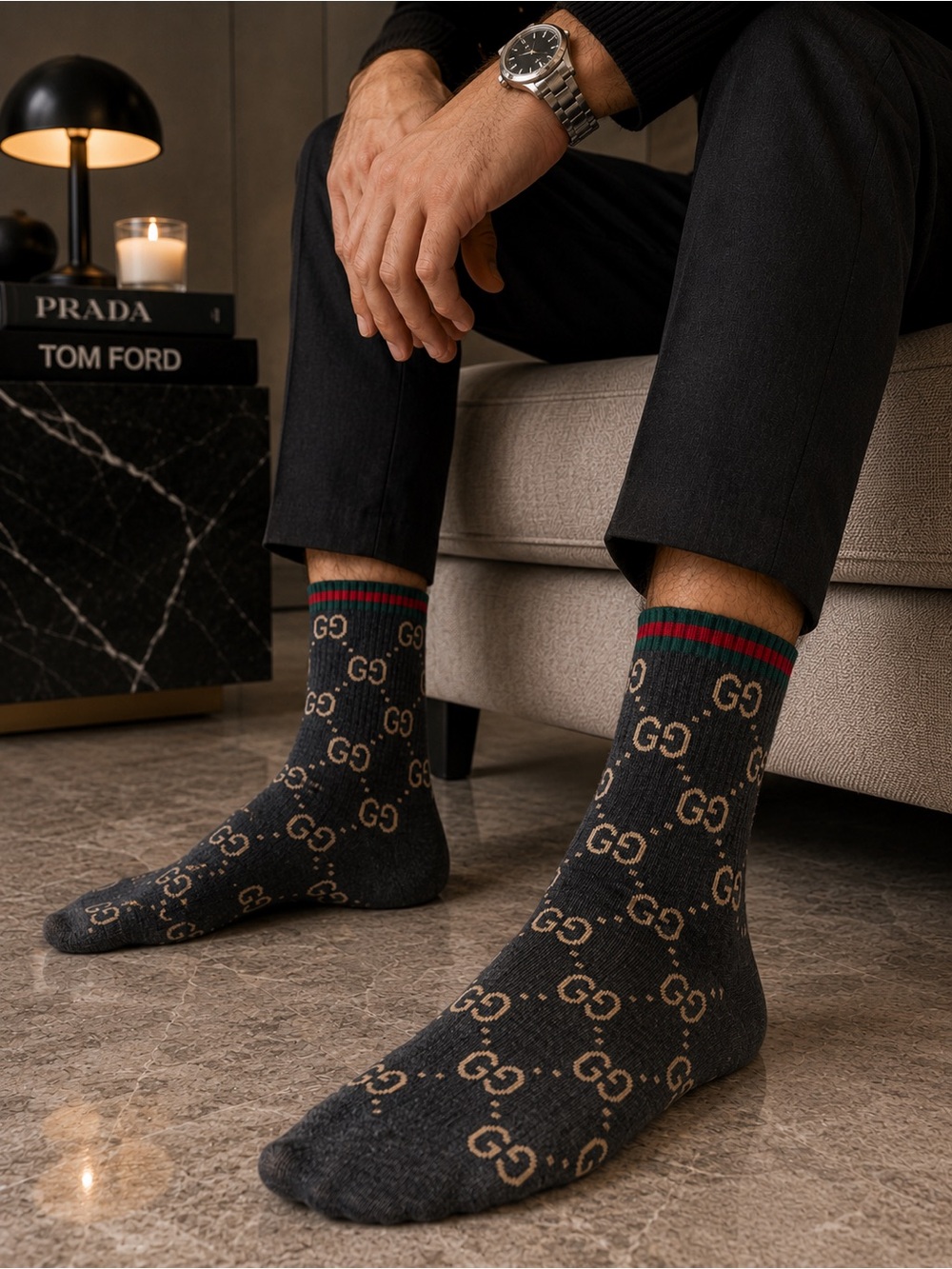 Gucci Gray GG Logo Crew Socks with Yellow Monogram and Green & Red Trim